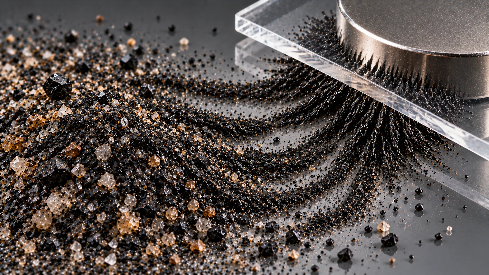 Arena negra natural con granos de magnetita atraídos por un imán