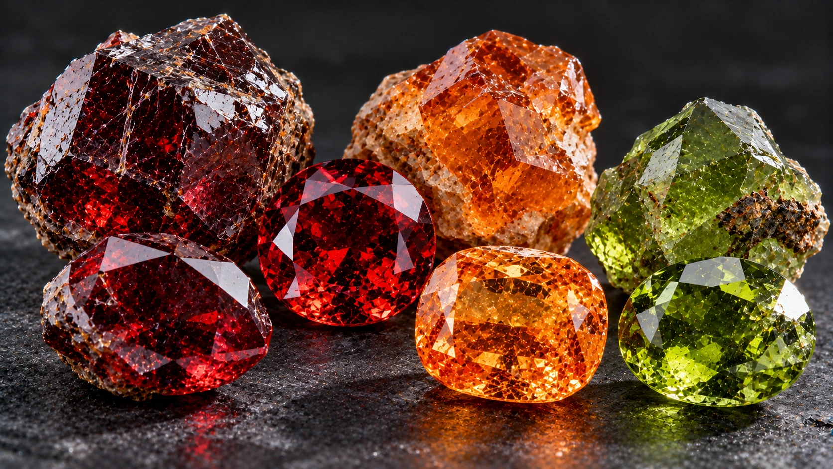 Granates naturales rojos, naranjas y verdes