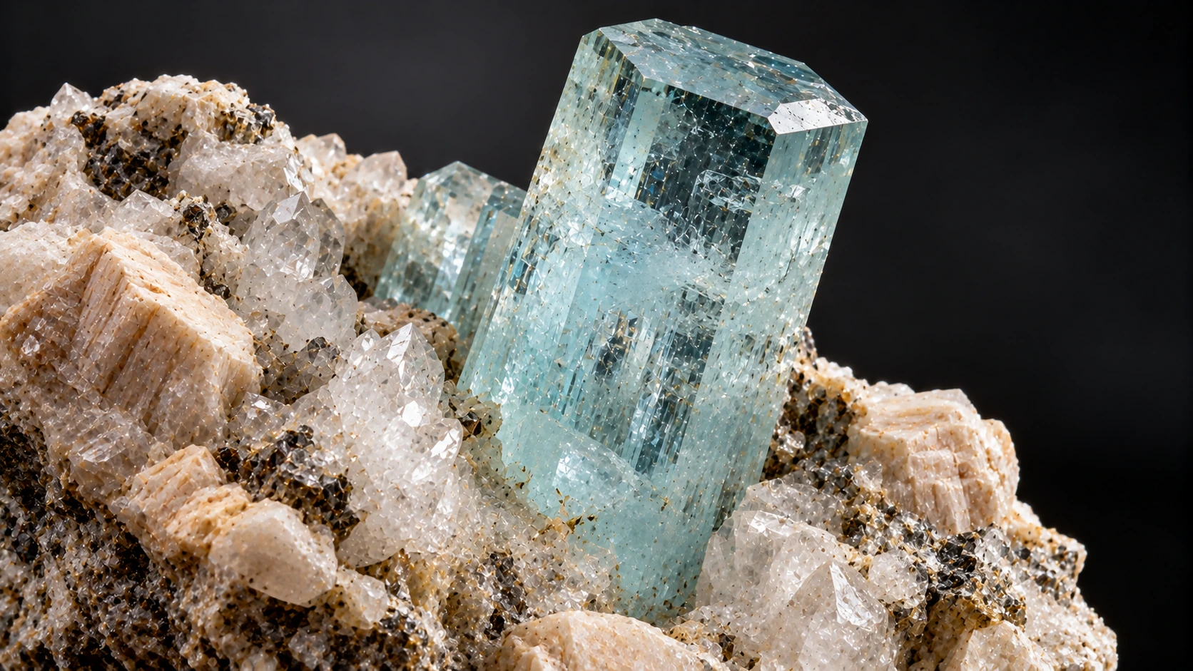 Cristal natural de aguamarina azul sobre pegmatita