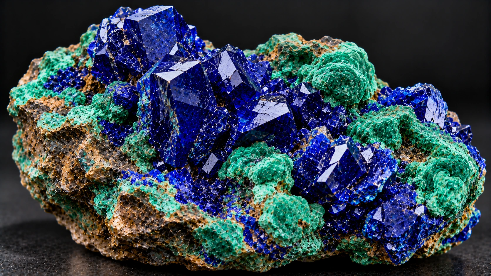 Azurita azul natural asociada con malaquita verde