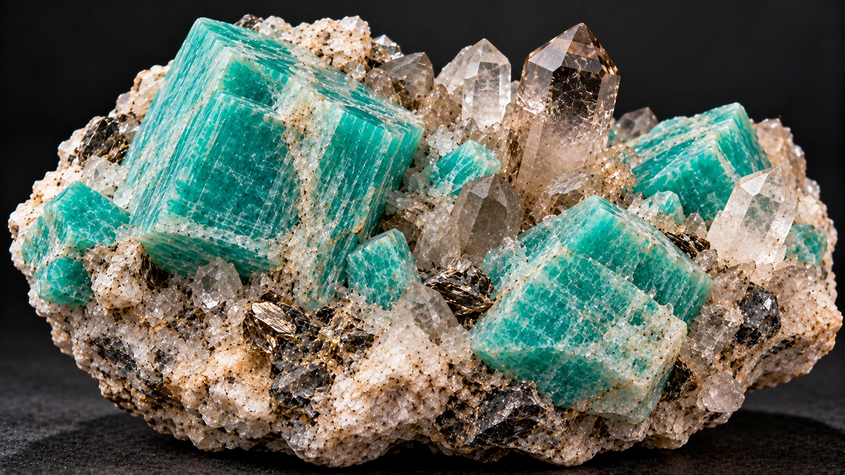 Cristales de amazonita natural asociados con cuarzo