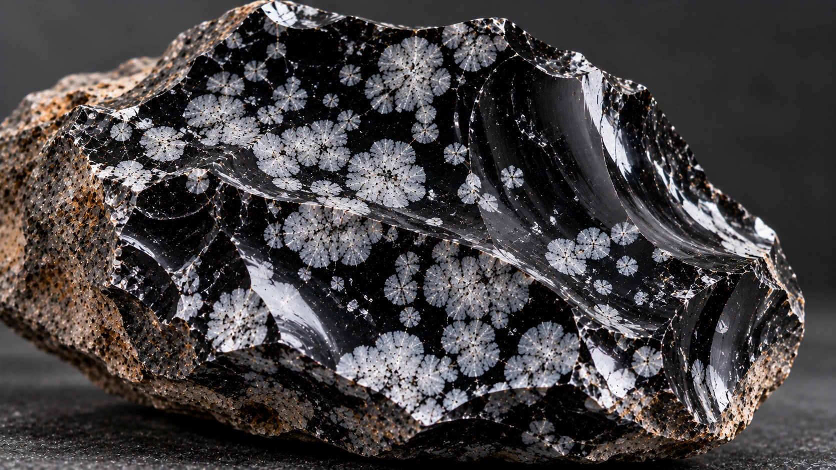 Obsidiana nevada en bruto mostrando vidrio volcánico y esferulitas