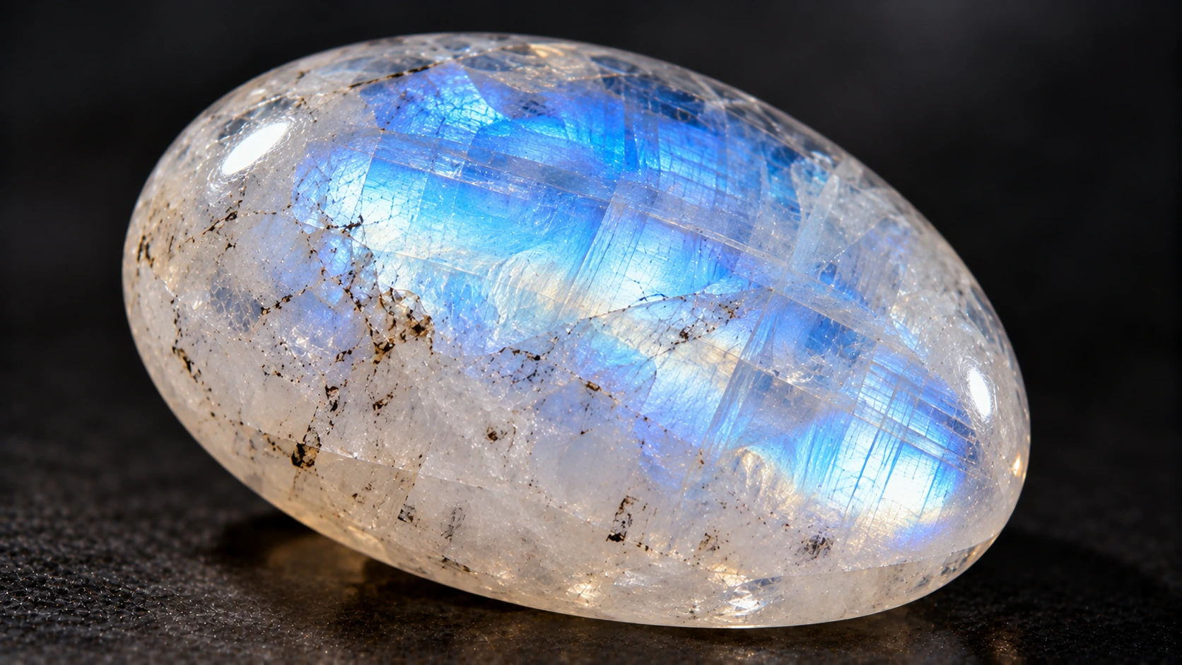 Piedra luna natural mostrando adularescencia azul
