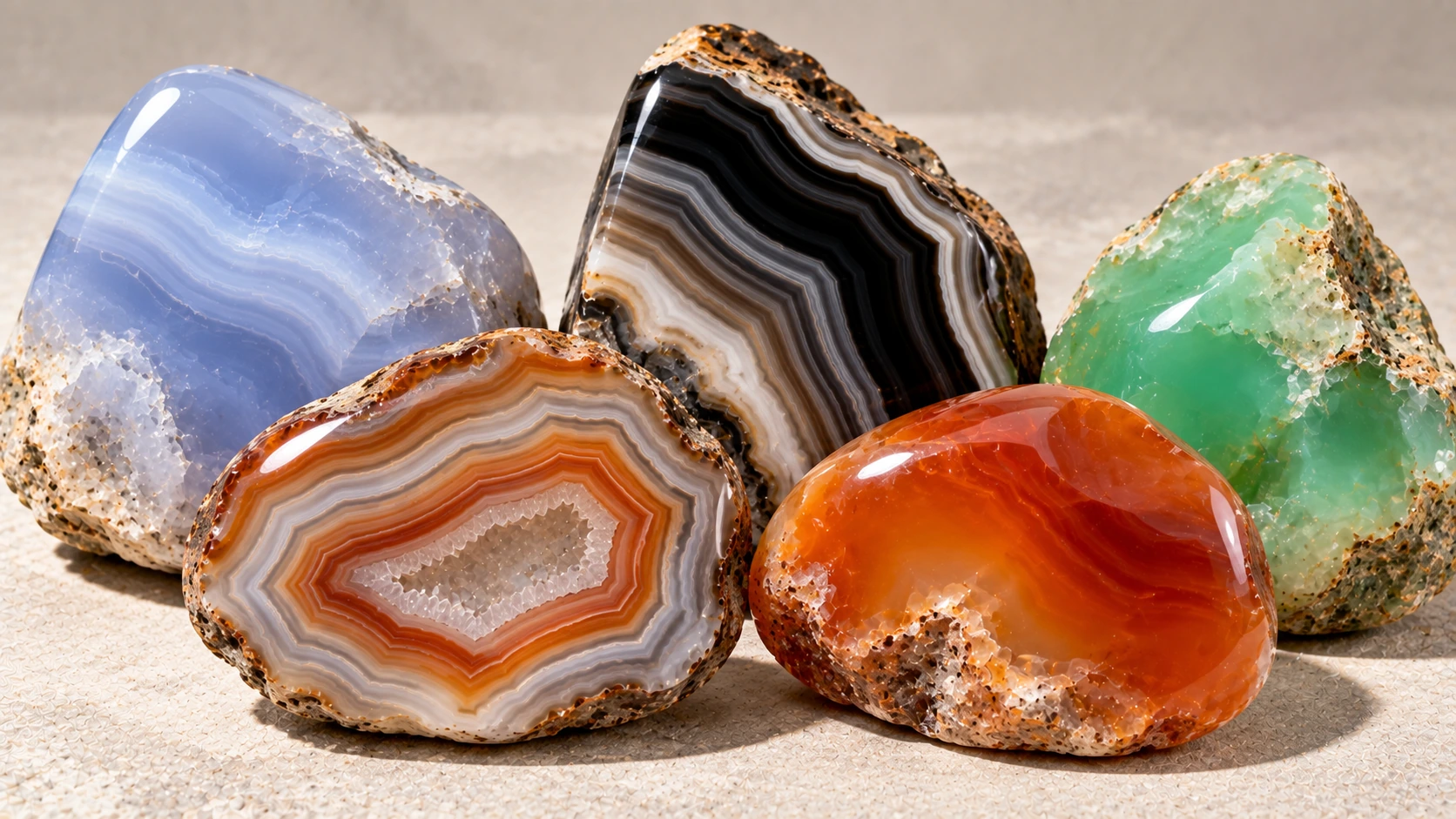 Diferentes variedades de calcedonia natural