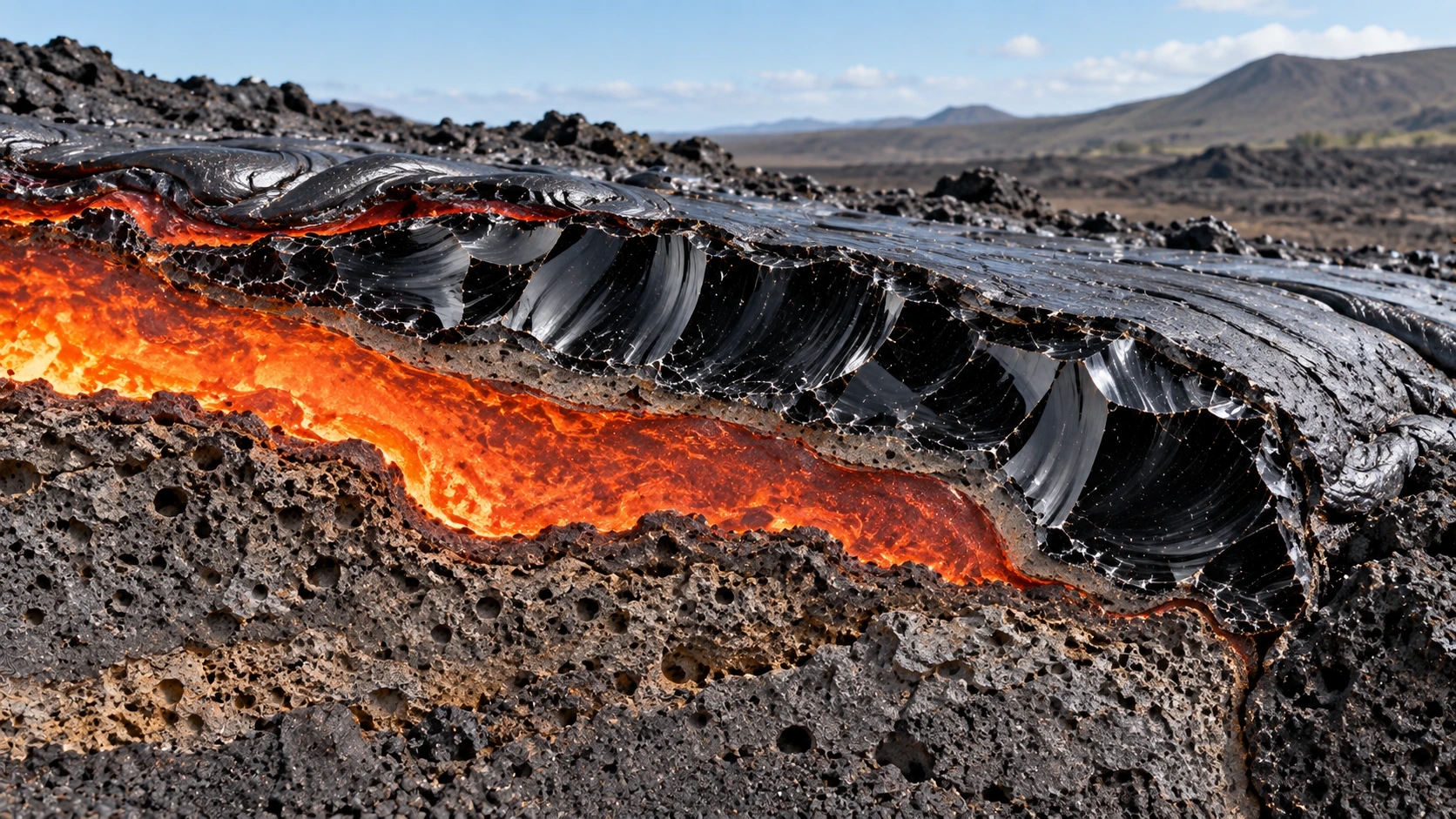 Formación geológica de obsidiana volcánica