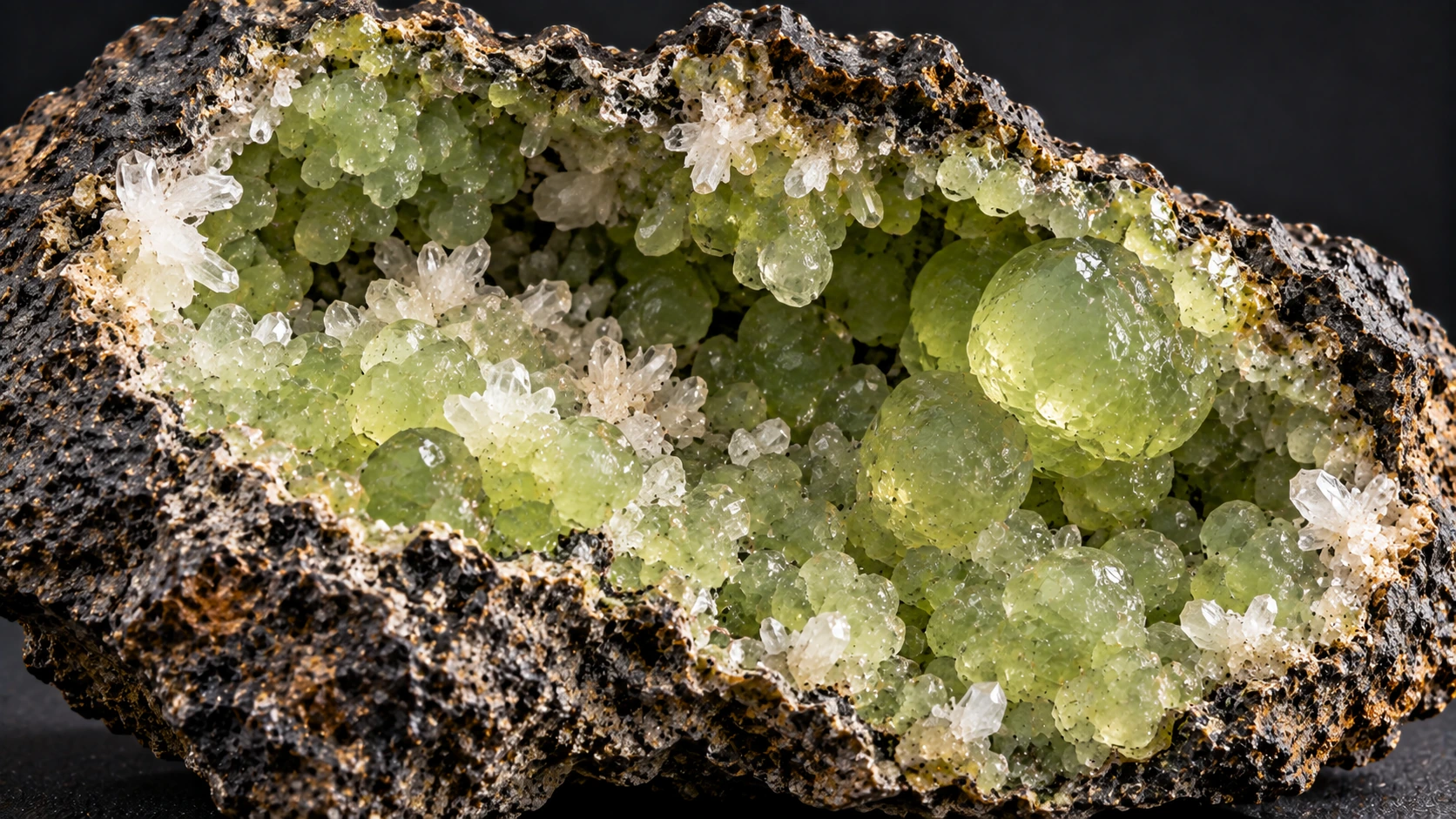 Prehnita verde con cristales asociados sobre matriz volcánica