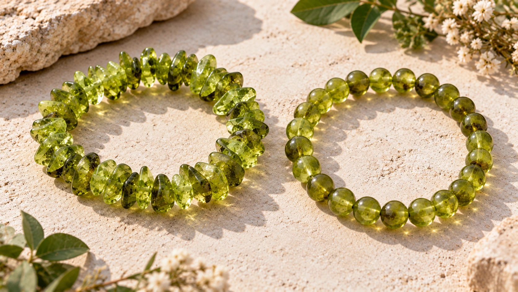 Diferencias entre pulsera de olivina chip y peridoto en cuentas